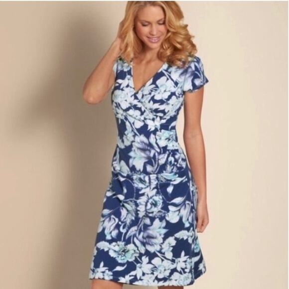 Soft Surroundings Blue Floral Shapely Anywhere Ruched Surplice Faux Wrap Dress - Picture 1 of 5